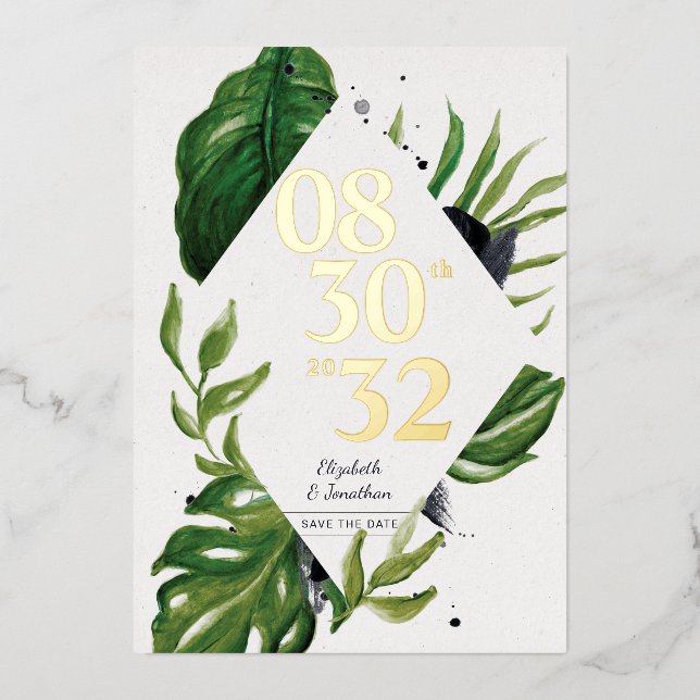 Tropical jungle leafage modern white save the date foil invitation (Front)