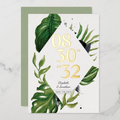 Tropical jungle leafage modern white save the date foil invitation