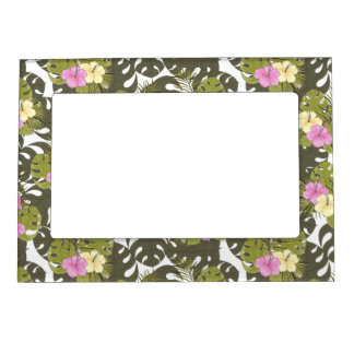 Tropical Jungle Leaves and Hibiscus Pattern Magnetic Frame