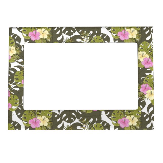 Tropical Jungle Leaves and Hibiscus Pattern Magnetic Frame (Front)