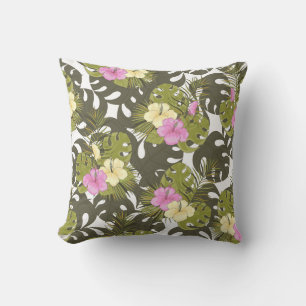 Tropical Jungle Leaves and Hibiscus Pattern Throw Pillow