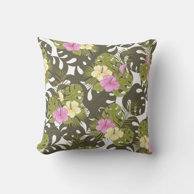 Tropical Jungle Leaves and Hibiscus Pattern Throw Pillow (Front)