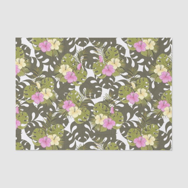 Tropical Jungle Leaves and Hibiscus Pattern Tissue Paper (Front)