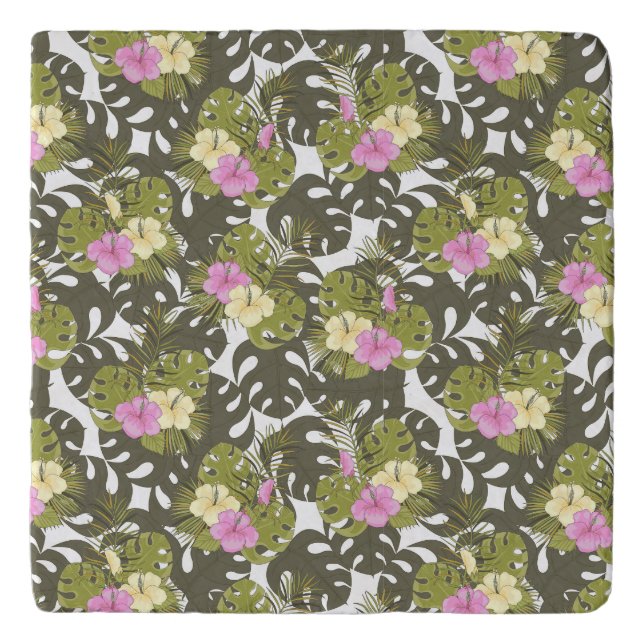 Tropical Jungle Leaves and Hibiscus Pattern Trivet (Front)