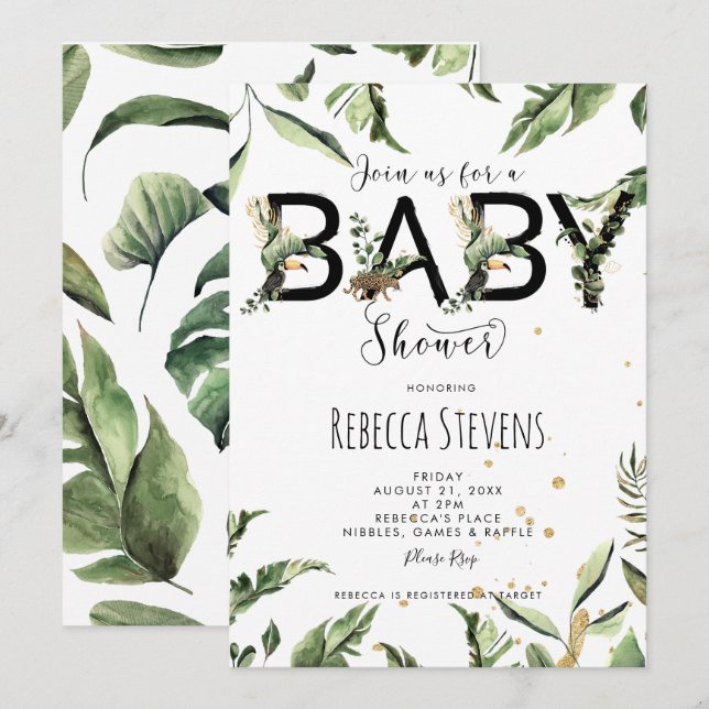 tropical jungle leaves baby shower invitation (Front/Back)