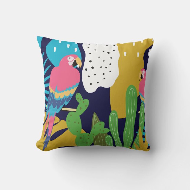 Tropical jungle leaves background with parrots. Su Throw Pillow (Front)