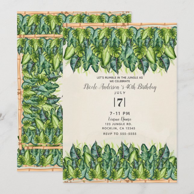 Tropical Jungle Leaves & Bamboo Botanical Birthday Invitation (Front/Back)