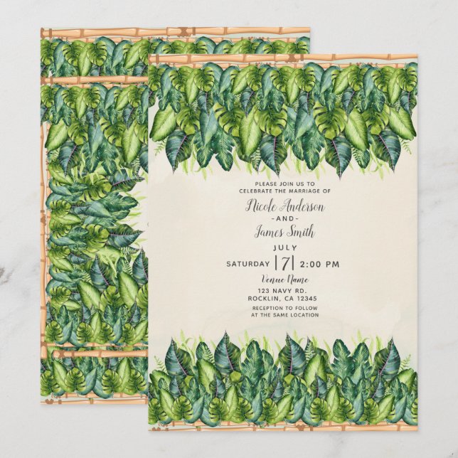 Tropical Jungle Leaves & Bamboo Botanical Wedding Invitation (Front/Back)