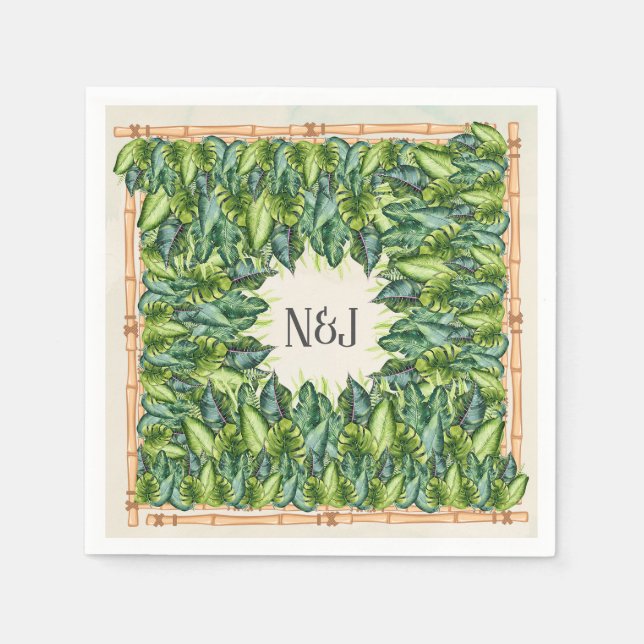 Tropical Jungle Leaves & Bamboo Botanical Wedding Paper Napkins (Front)