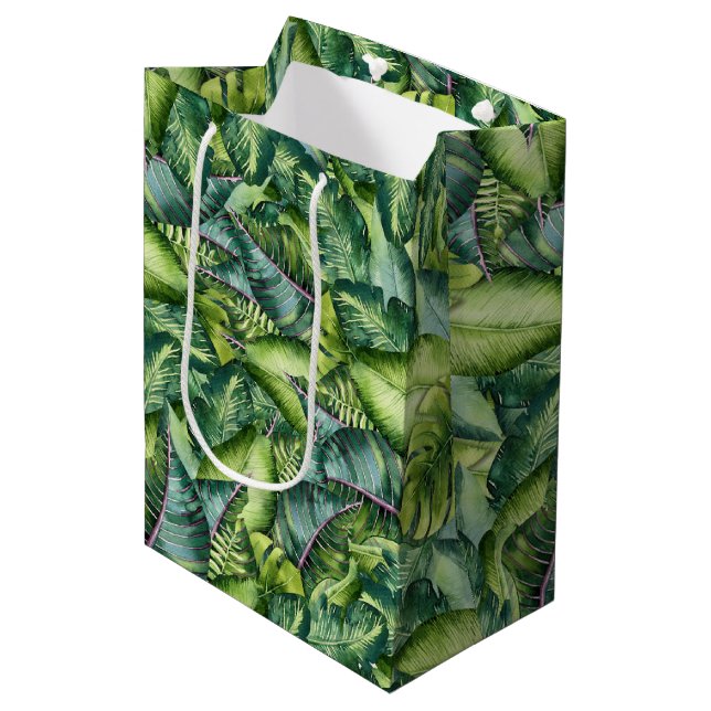 Tropical Jungle Leaves Botanical Birthday Party Medium Gift Bag (Front Angled)