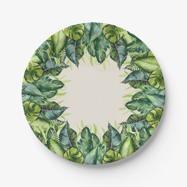 Tropical Jungle Leaves Botanical Birthday Party Paper Plates (Front)