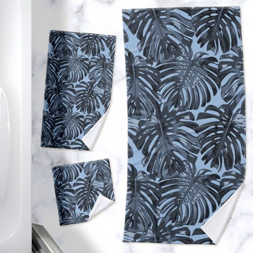 Tropical Jungle Leaves Dark Blue Modern Bath Towel Set