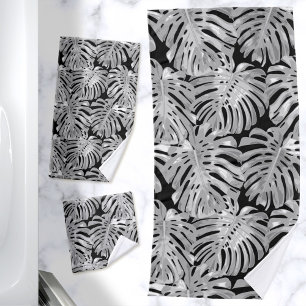 Tropical Jungle Leaves Gray Black Modern Bath Towel Set