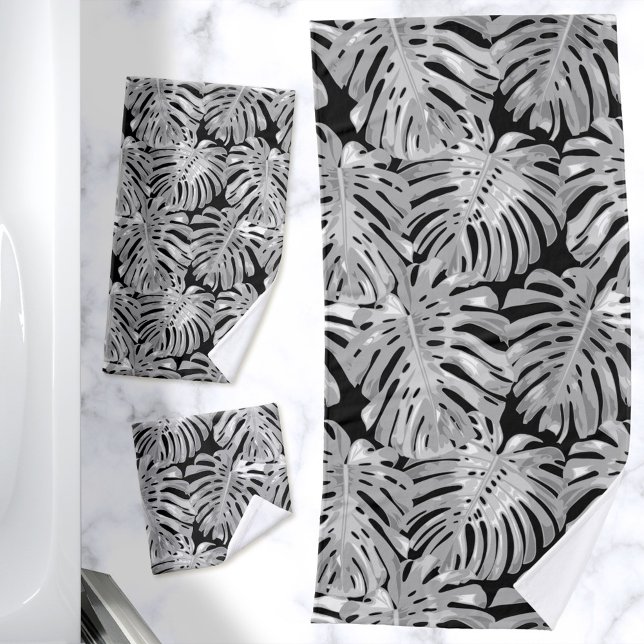 Tropical Jungle Leaves Gray Black Modern Bath Towel Set (Black and gray bath towels with tropical leaves pattern)