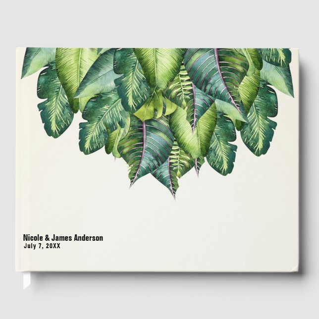 Tropical Jungle Leaves Green Botanical Wedding Guest Book (Front)