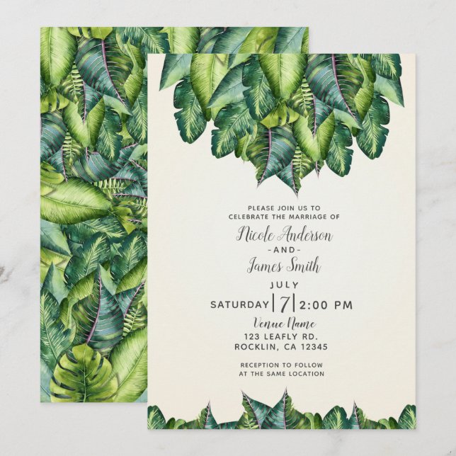 Tropical Jungle Leaves Green Botanical Wedding Invitation (Front/Back)