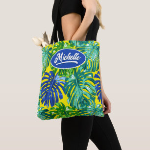 Tropical Jungle Leaves Green Yellow Name Tote Bag