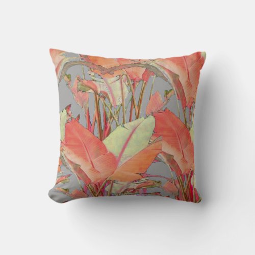 TROPICAL JUNGLE LEAVES IN SOFT SALMON  COLORS THROW PILLOW