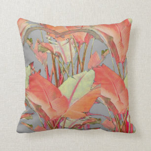 TROPICAL JUNGLE LEAVES IN SOFT SALMON COLORS THROW PILLOW
