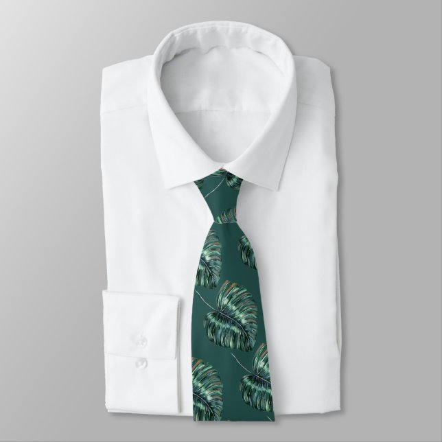 Tropical Jungle Leaves Pattern Dark Green Tie (Tied)