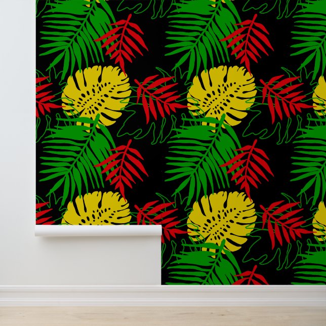 Tropical Jungle Leaves Pattern Rasta Colors Wallpaper (Application)