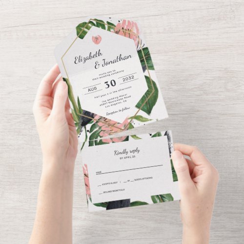 Tropical jungle leaves  pink flower floral modern all in one invitation