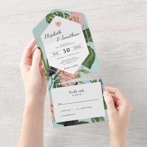 Tropical jungle leaves  pink flower floral modern all in one invitation