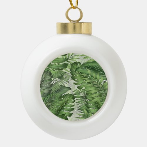 Tropical jungle leaves seamless floral background ceramic ball christmas ornament