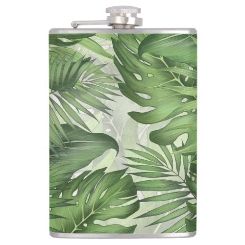 Tropical jungle leaves seamless floral background flask