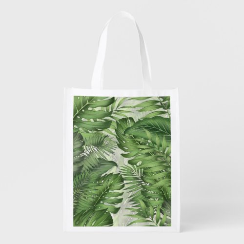 Tropical jungle leaves seamless floral background grocery bag