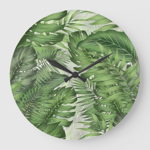 Tropical jungle leaves seamless floral background large clock