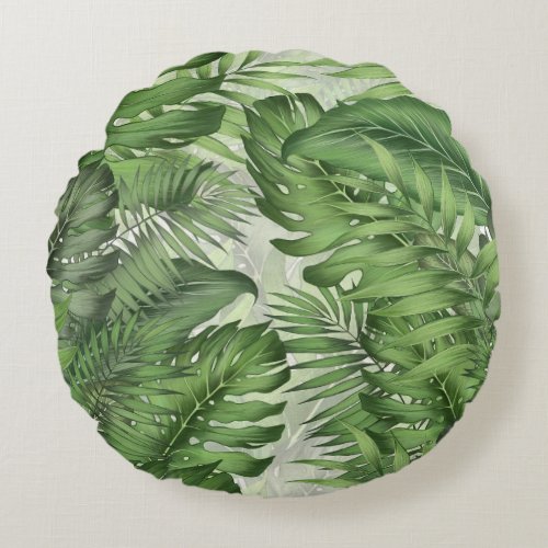 Tropical jungle leaves seamless floral background round pillow