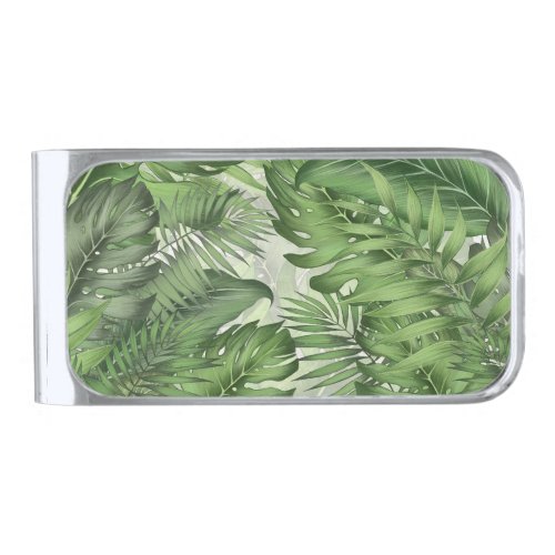 Tropical jungle leaves seamless floral background silver finish money clip