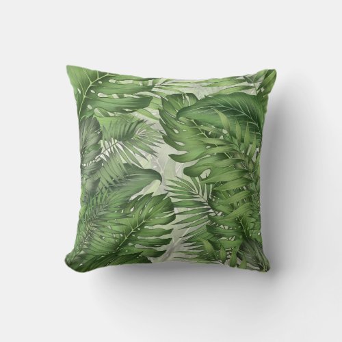 Tropical jungle leaves seamless floral background throw pillow