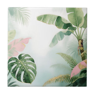 Tropical Jungle Leaves Watercolor Ceramic Tile