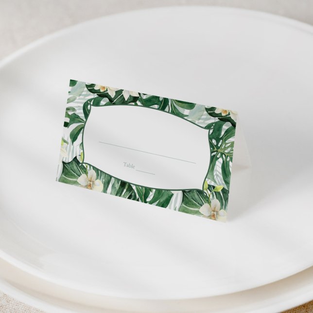 Tropical Jungle Leaves Wedding Food or Escort Place Card (Tropical leaves with white orchids wedding escort cards or food tents)
