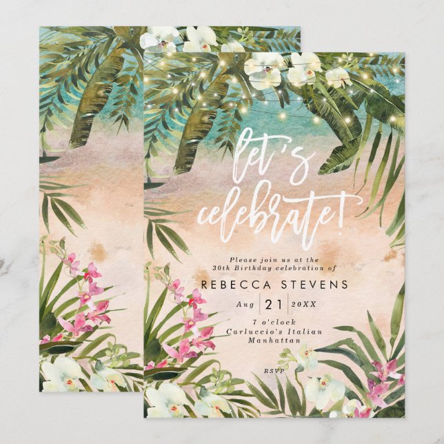 tropical jungle lights let's celebrate birthday invitation (Front/Back)
