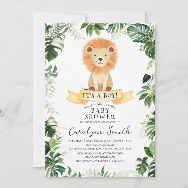Tropical Jungle Lion Baby Shower Invitation (Front)