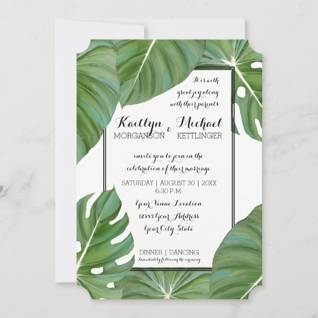 Tropical Jungle Modern White Leaf Foliage Coastal Invitation (Front)