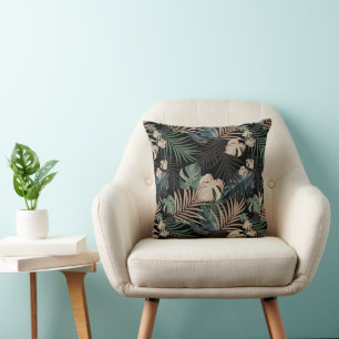 Tropical Jungle Night Leaves 13 - Repeating Throw Pillow