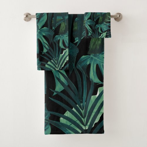 Tropical Jungle Night Leaves Pattern 1 tropical Bath Towel Set