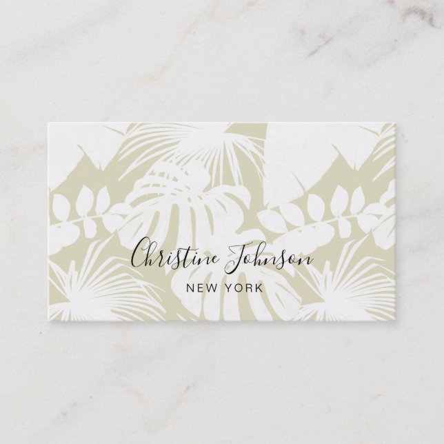 tropical jungle palm leaves on sage green business card (Front)
