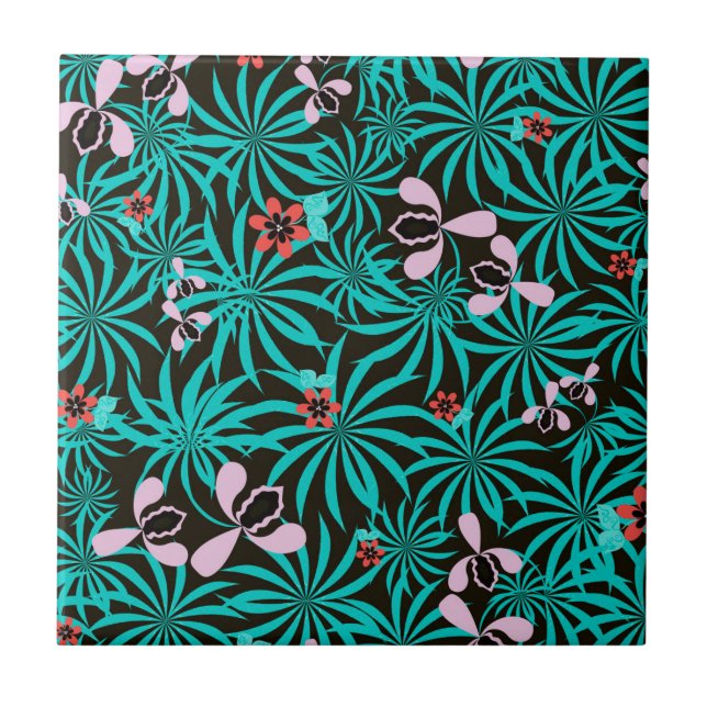 Tropical jungle palm leaves orchid flowers bloom c ceramic tile (Front)