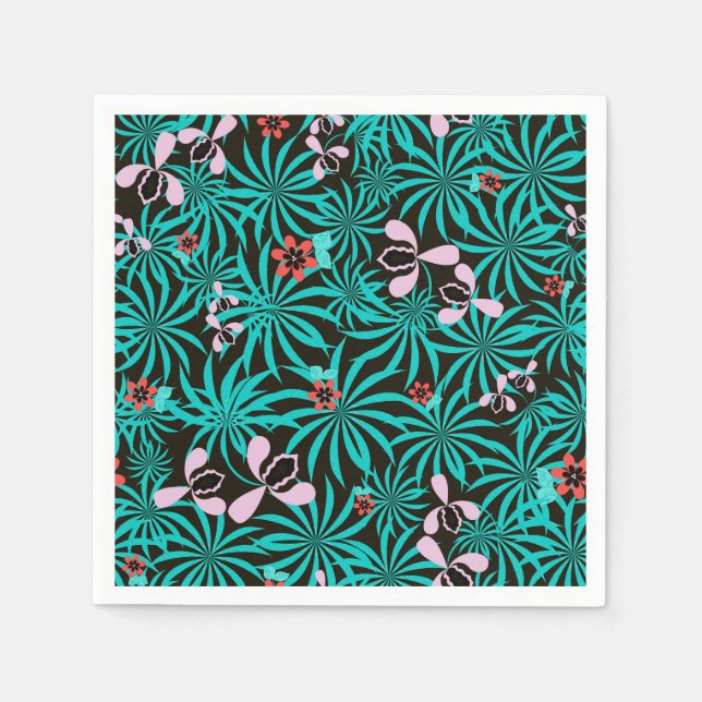 Tropical jungle palm leaves orchid flowers bloom c napkins (Front)
