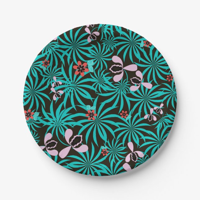 Tropical jungle palm leaves orchid flowers bloom c paper plates (Front)