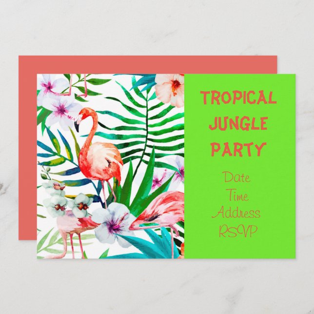 Tropical Jungle party with flamingo Invitation (Front/Back)