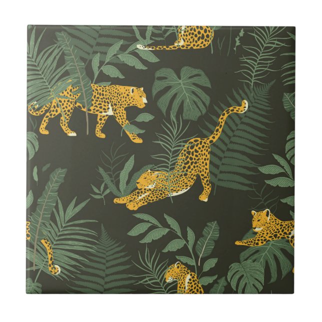 Tropical Jungle Pattern with Jaguar palm leaves Ceramic Tile (Front)