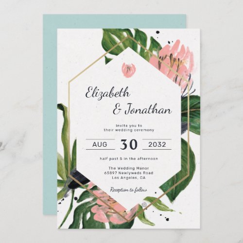 Tropical jungle pink flower  leaves floral modern invitation