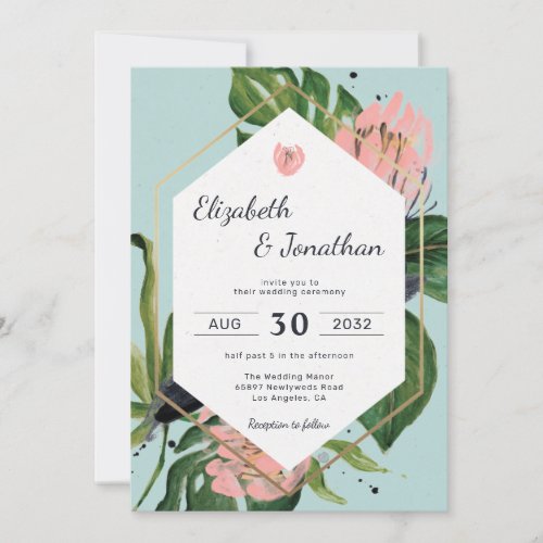 Tropical jungle pink flower  leaves floral modern invitation