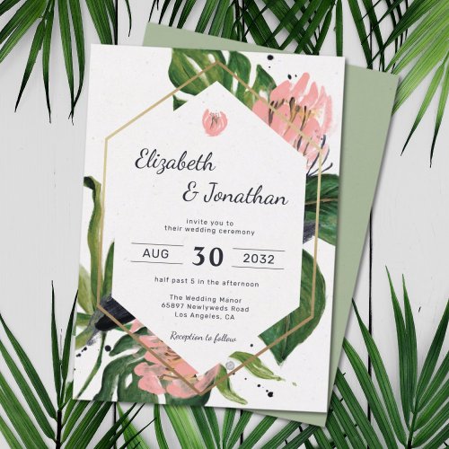 Tropical jungle pink flower  leaves floral modern invitation